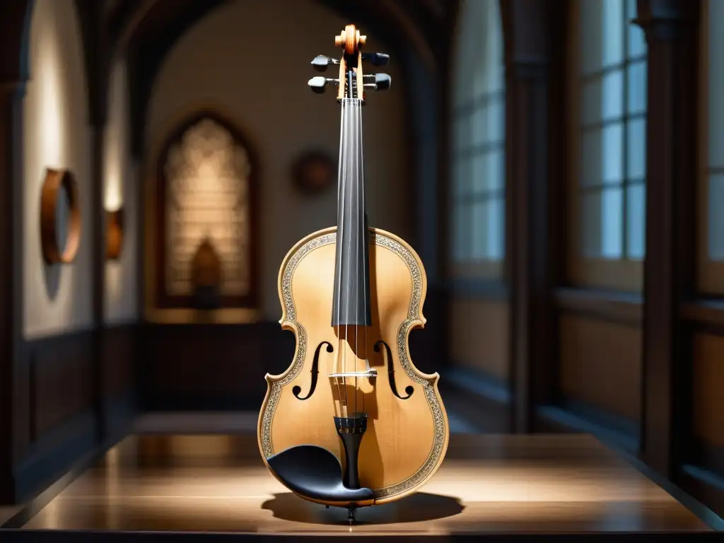 Rebab medieval en museo, detallada madera, cuerdas de crin, diseño único