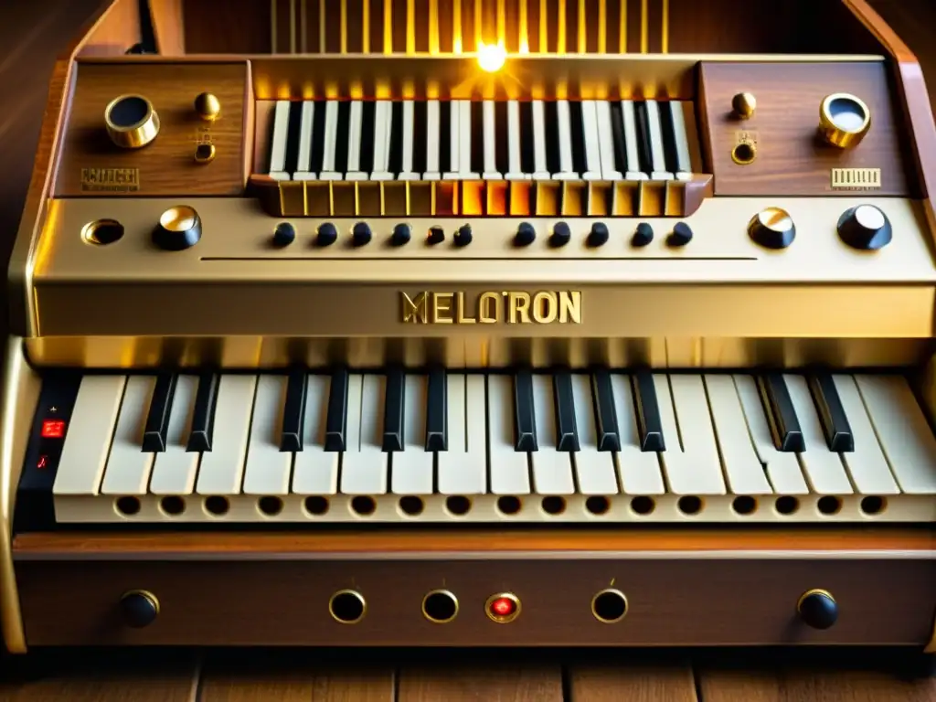 Un Mellotron vintage iluminado por un foco suave, revelando sus detalles y textura desgastada