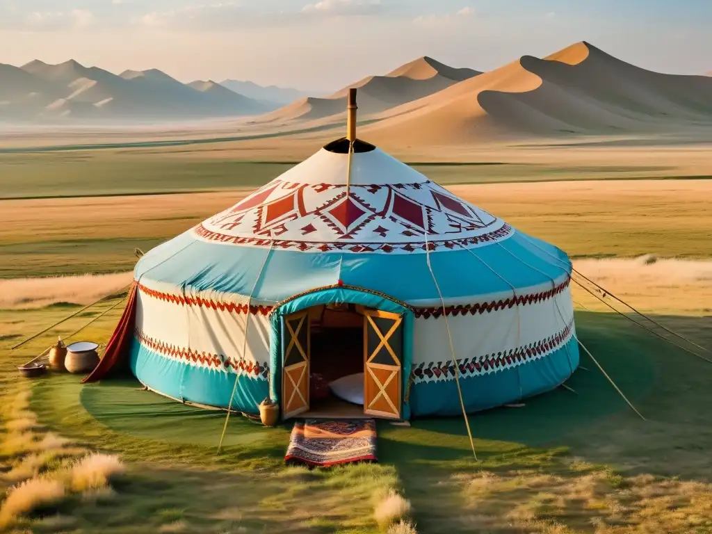 Melodías nómadas de las estepas: Una yurta tradicional kazaja en la vasta estepa, con músicos y colores vibrantes al atardecer