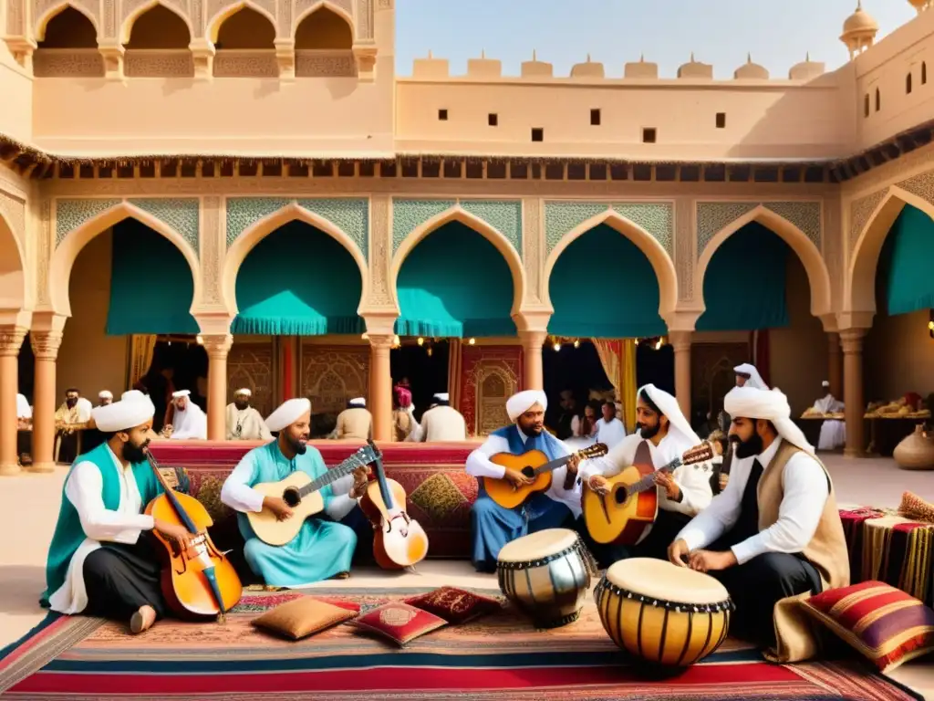 Mercado bullicioso en Oriente Medio, con músicos y diversidad cultural