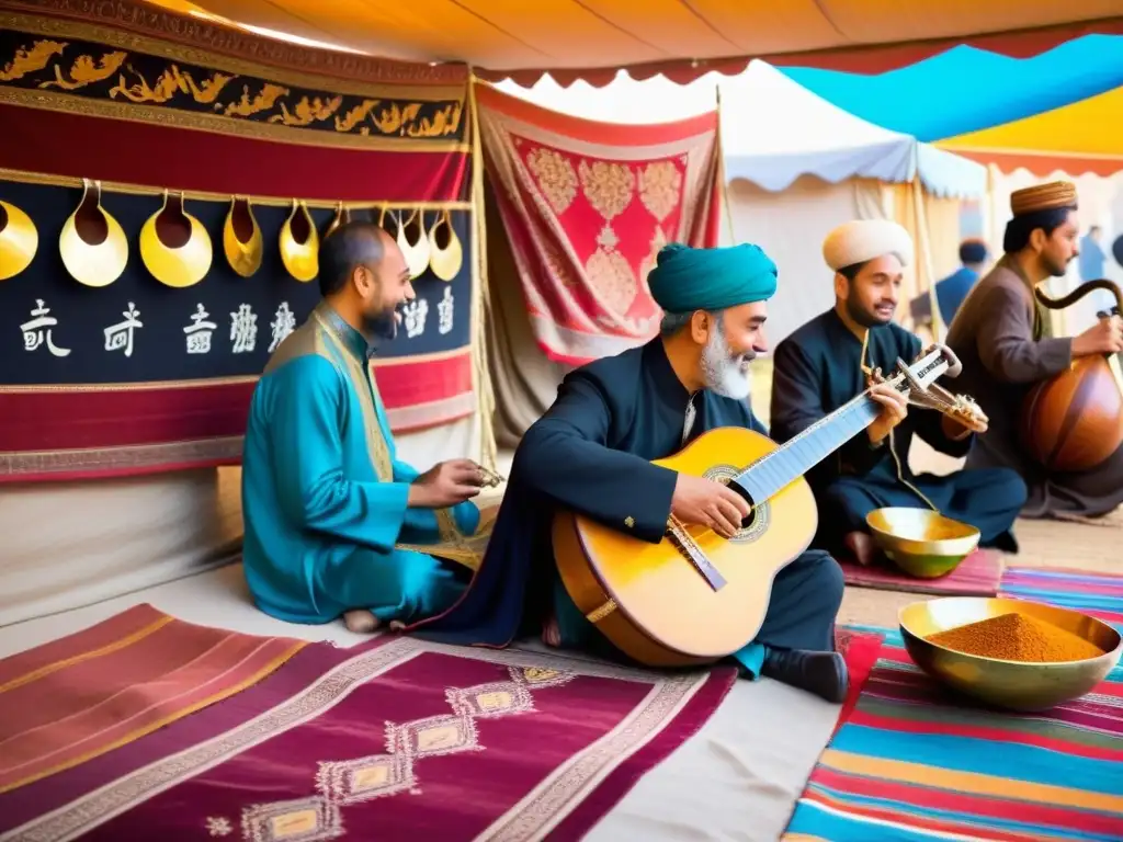 Mercado bullicioso en la Ruta de la Seda, con intercambio musical entre Asia y Oriente Medio