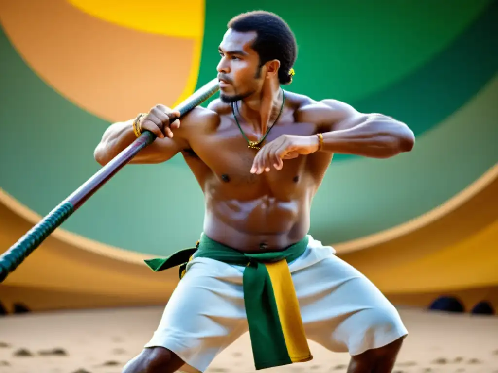 Un mestre toca el berimbau en el centro de una roda de capoeira brasileña, con vibrantes colores y energía documental