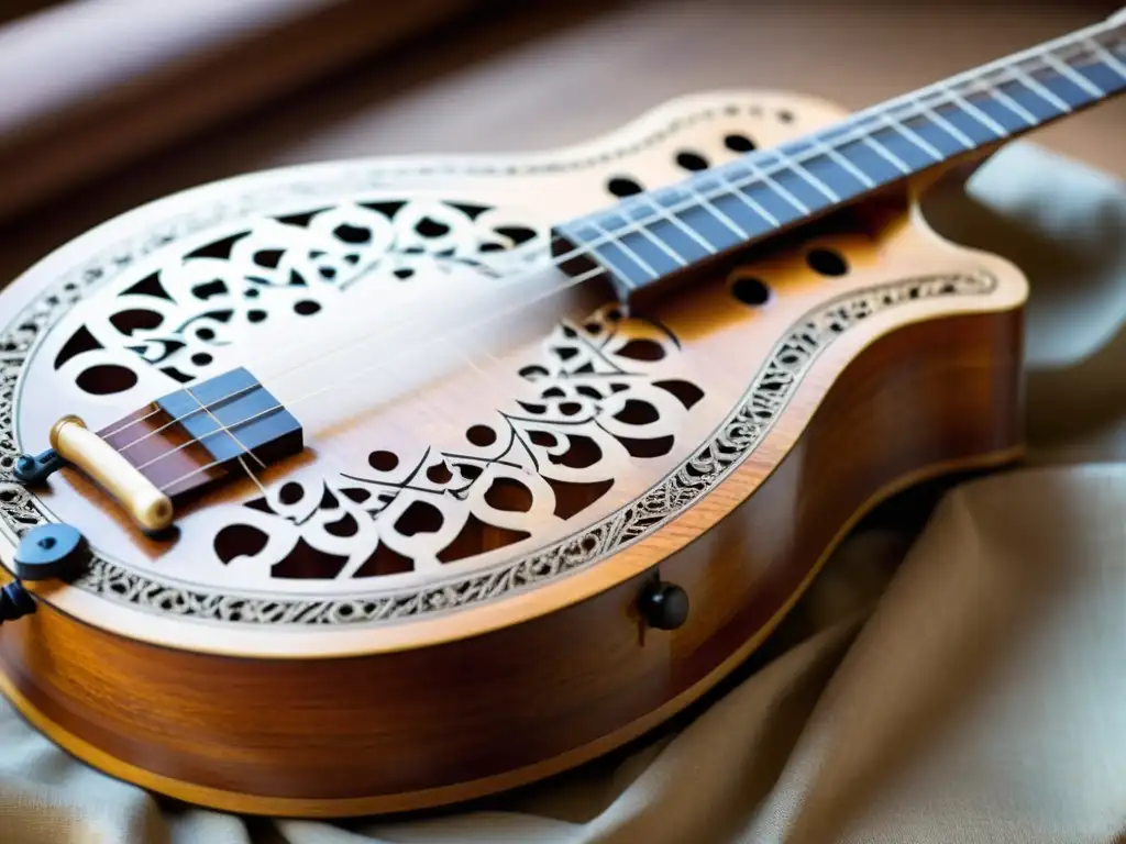 Restauración meticulosa de un antiguo sitar por hábil artesano, resaltando detalles ornamentales y reverencia por su artesanía