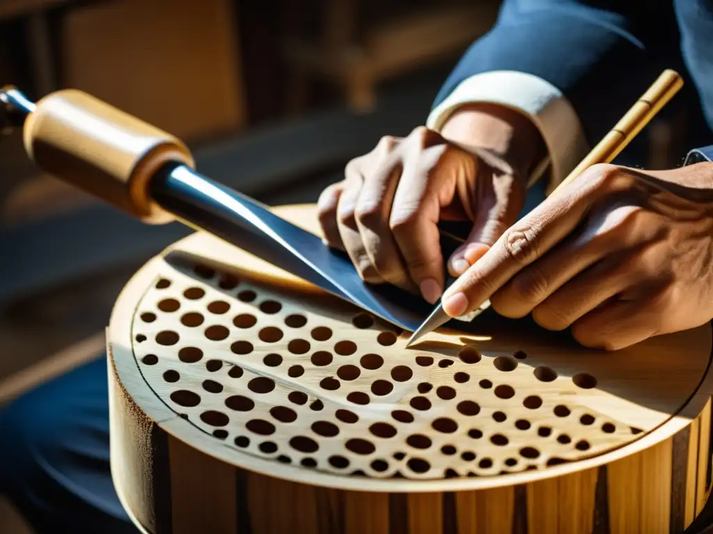 Un luthier talla con meticulosidad un instrumento musical único en materiales alternativos, destacando la artesanía y dedicación