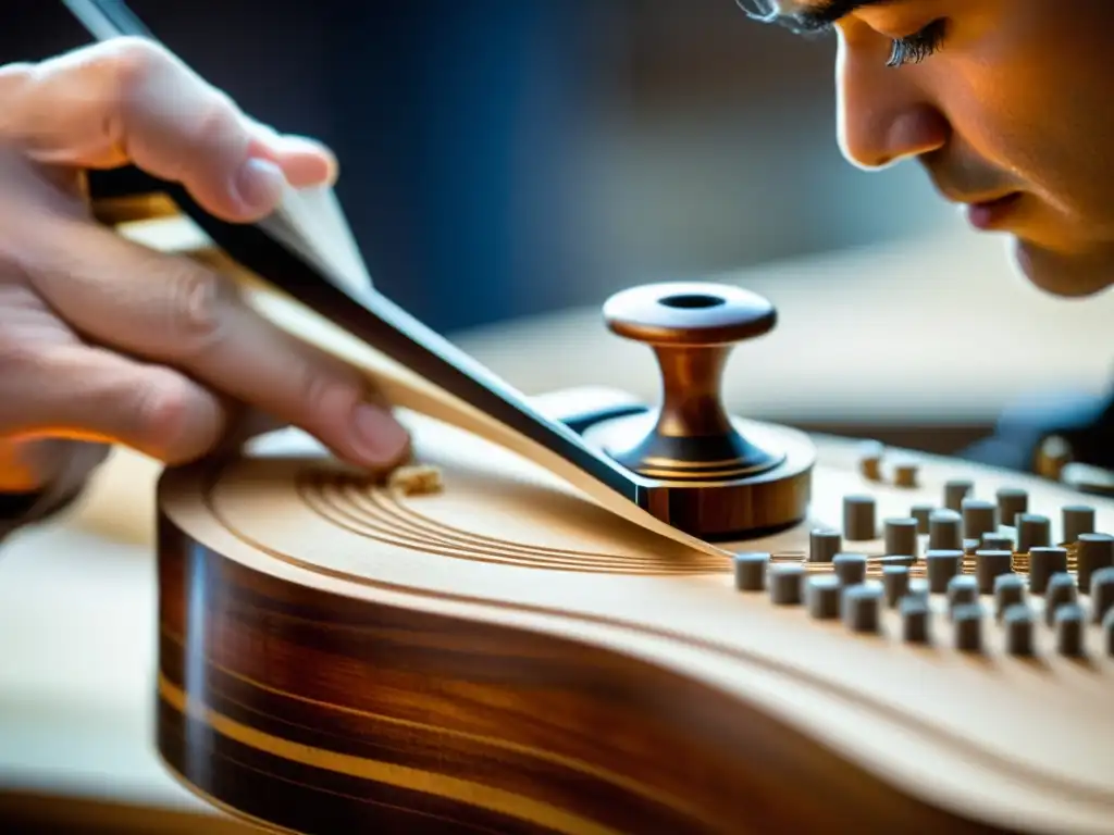 Un luthier talla con meticulosidad el tablero armónico de un violín, destacando la medición acústica de instrumentos musicales