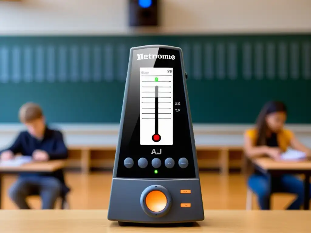 Un metrónomo digital moderno en un aula de música llena de estudiantes concentrados y su profesor