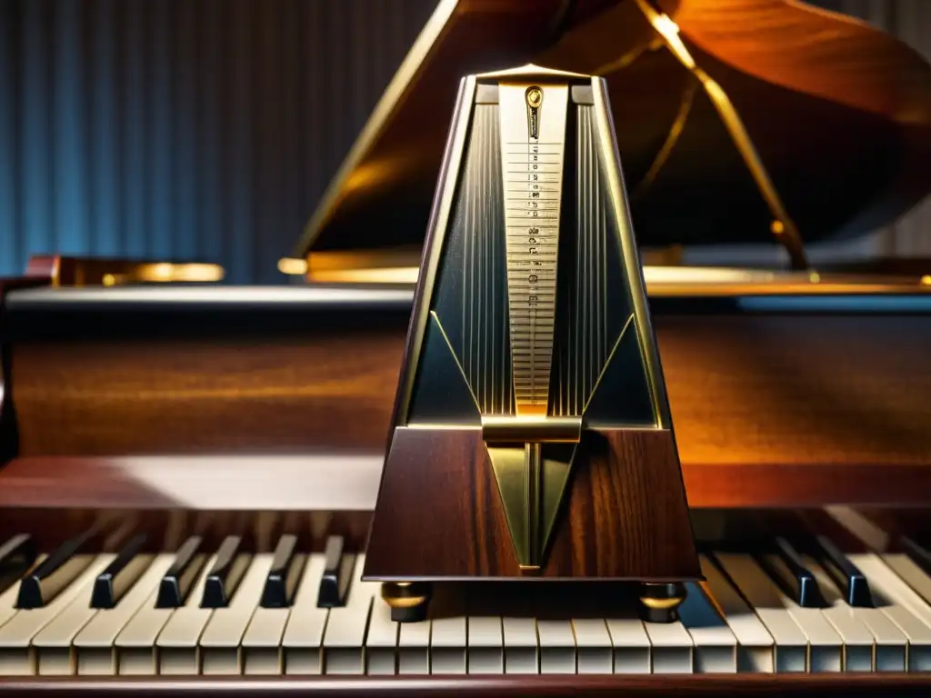 Un metrónomo vintage en un elegante piano de madera