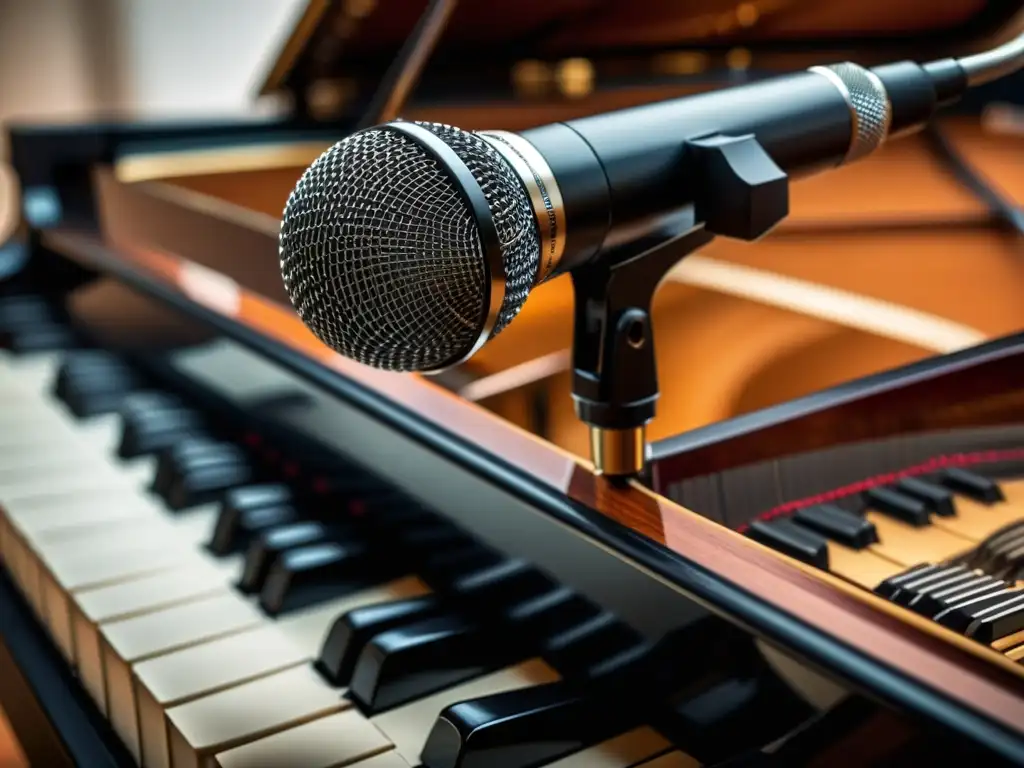 Un micrófono de condensador captura la magia de un pianista tocando un gran piano