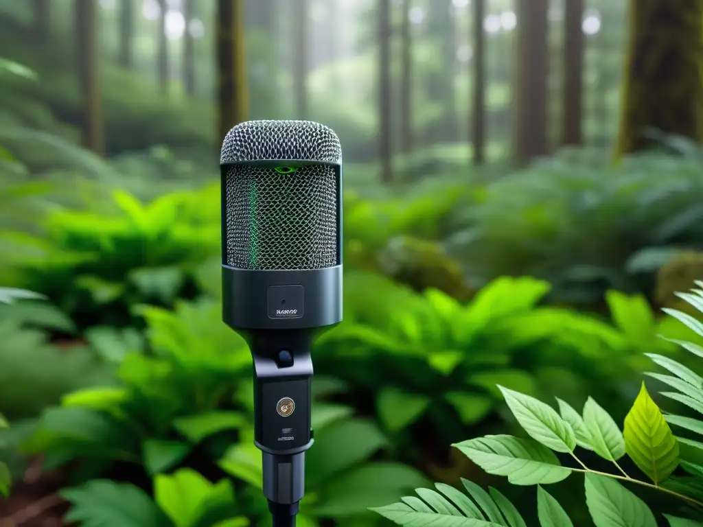 Un micrófono en medio de un exuberante bosque captura la esencia de la naturaleza para la grabación de campo 3D de instrumentos musicales