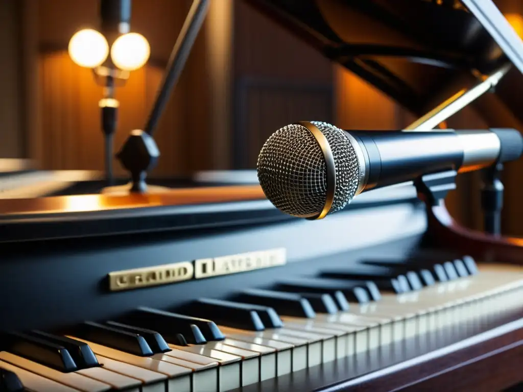 Un micrófono profesional captura la acústica de grabación de instrumentos en un estudio, mientras un músico toca un hermoso piano