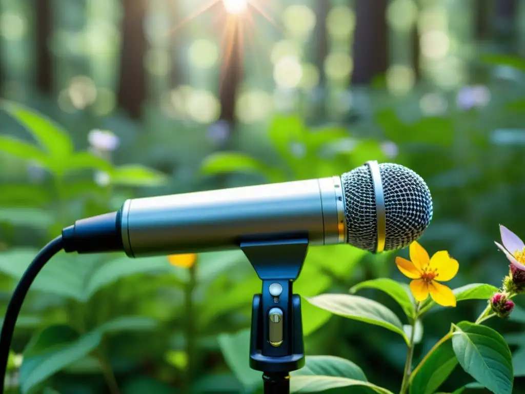 Microfono capturando sonidos naturaleza en exuberante bosque - técnicas grabación sonidos naturaleza