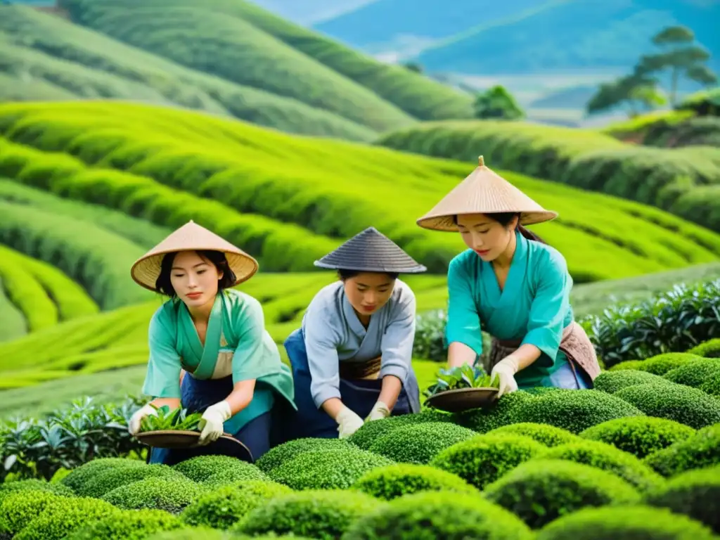 Migración japonesa influencia: Trabajadores en campo de té, atuendo tradicional y paisaje vibrante