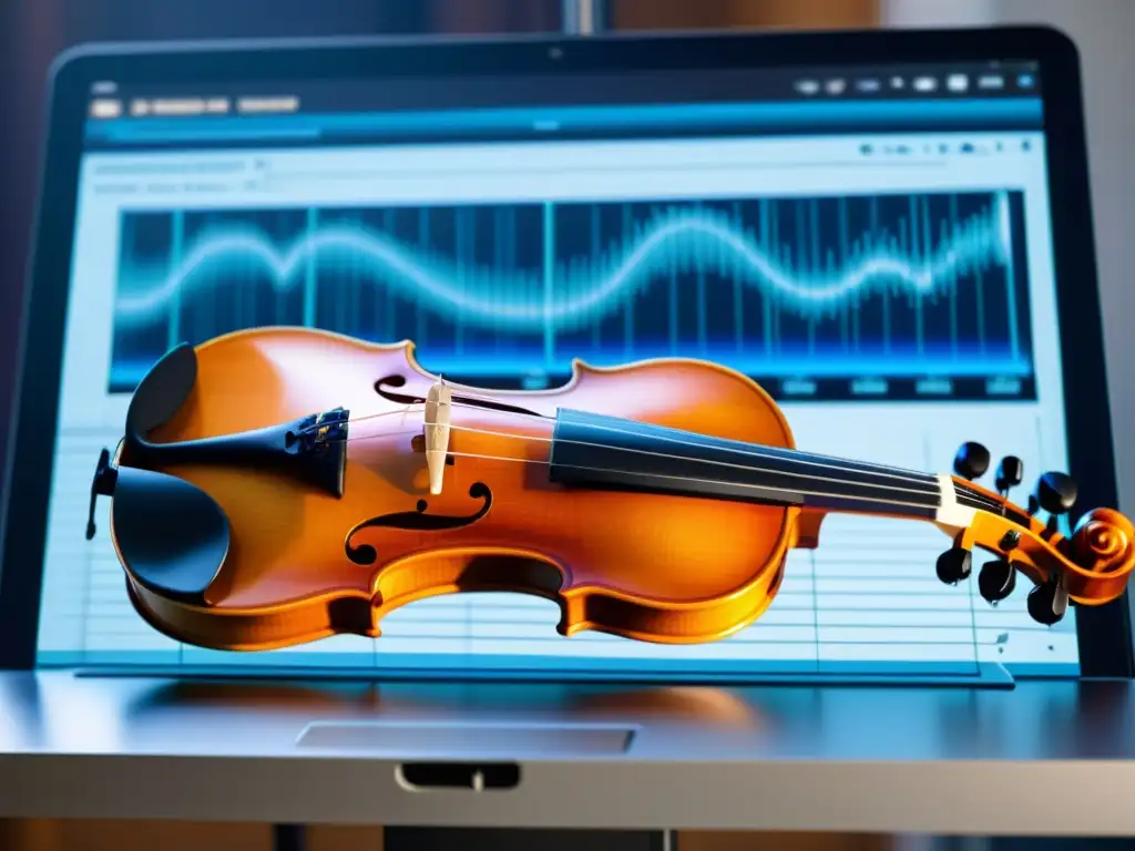 Modelos digitales para simulación acústica: Detalle de modelo de violín con simulación de ondas sonoras en pantalla