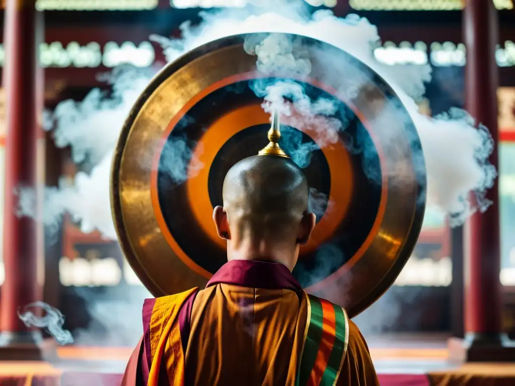 Un monje budista golpea un gong en un templo, mostrando la reverberación y la serenidad del lugar