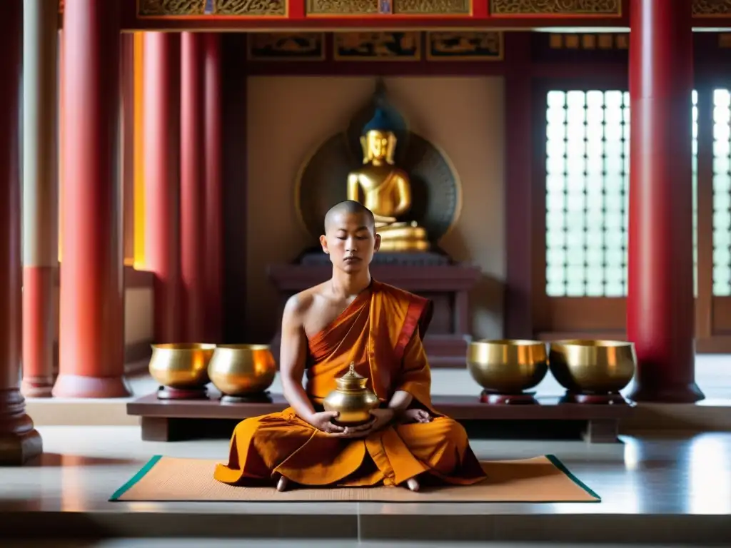 Un monje budista meditando rodeado de instrumentos musicales para meditación budista en un templo sereno y hermoso