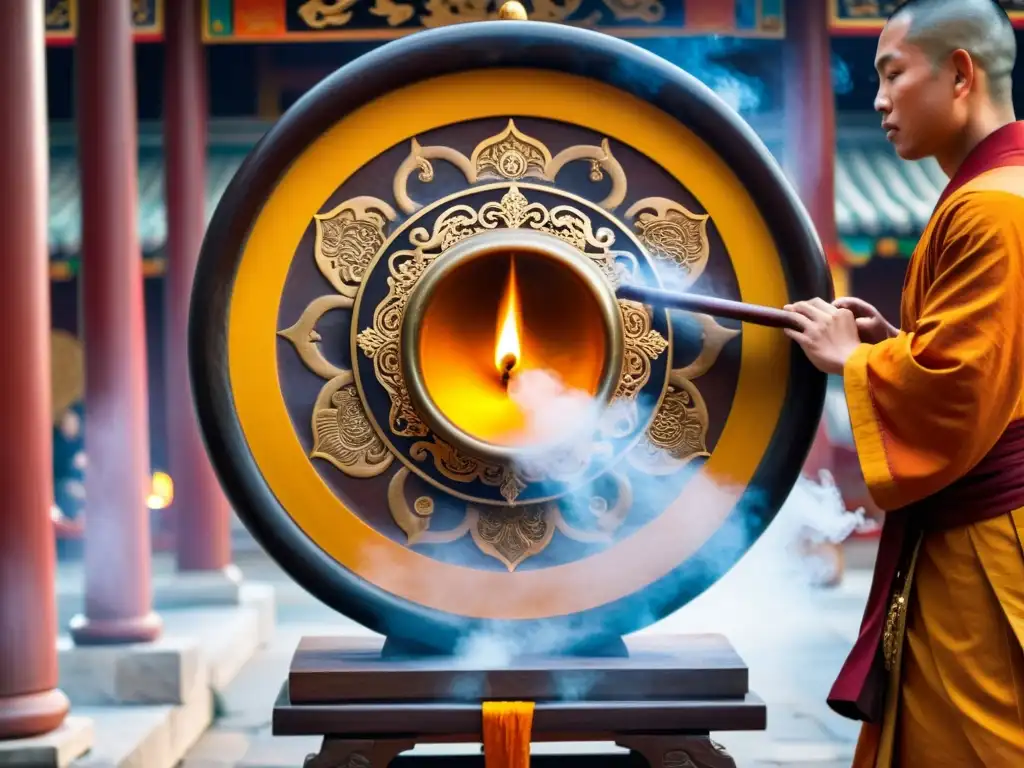 Monje budista golpea gong en templo: significado gongs templos liturgia budista