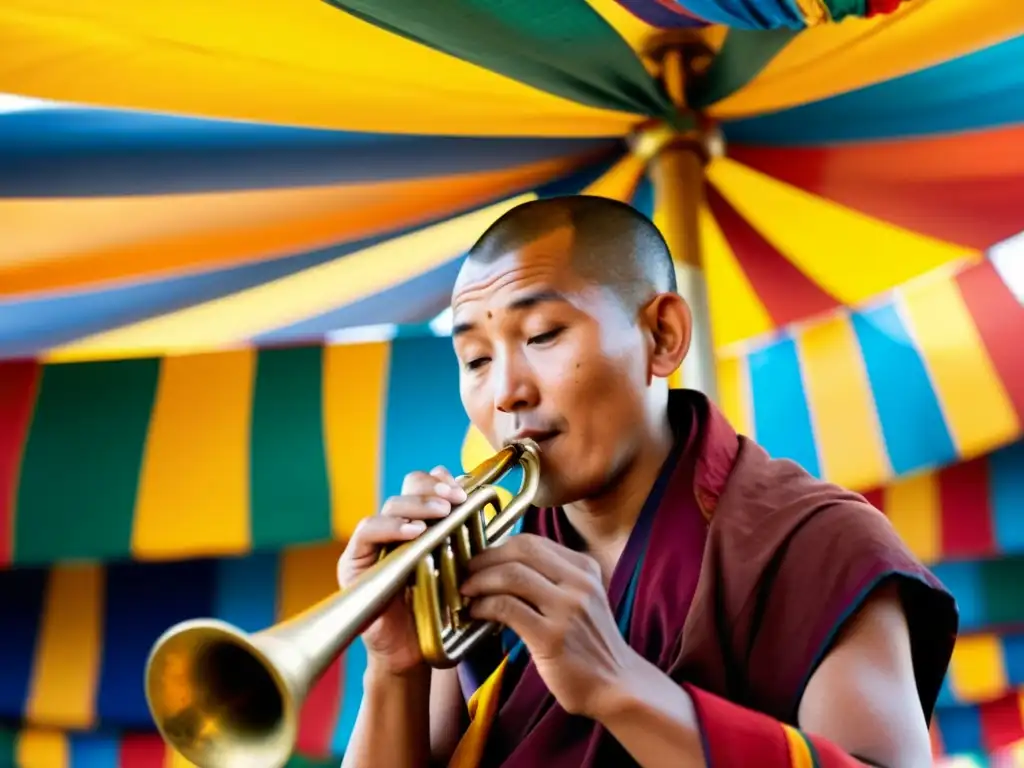 Un monje tibetano sostiene un dungchen tibetano ceremonial con banderas de oración al viento