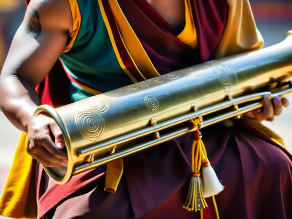 Un monje sostiene un Kangling tibetano, un instrumento espiritual del budismo, con carvings detallados y luz cálida