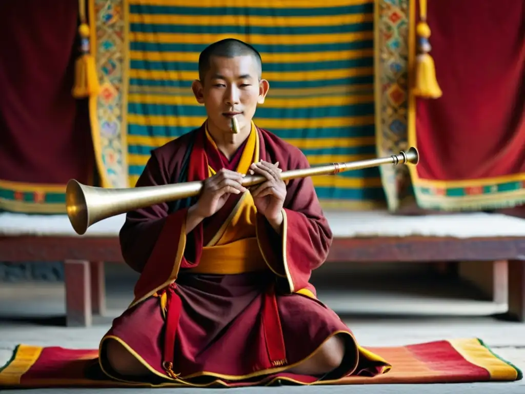 Un monje tibetano sostiene un kangling, un instrumento espiritual del budismo, en una ceremonia, en un templo iluminado con lámparas de mantequilla