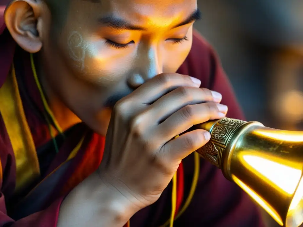 Un monje tibetano sostiene con reverencia un kangling tibetano, resaltando su importancia espiritual en el budismo tibetano