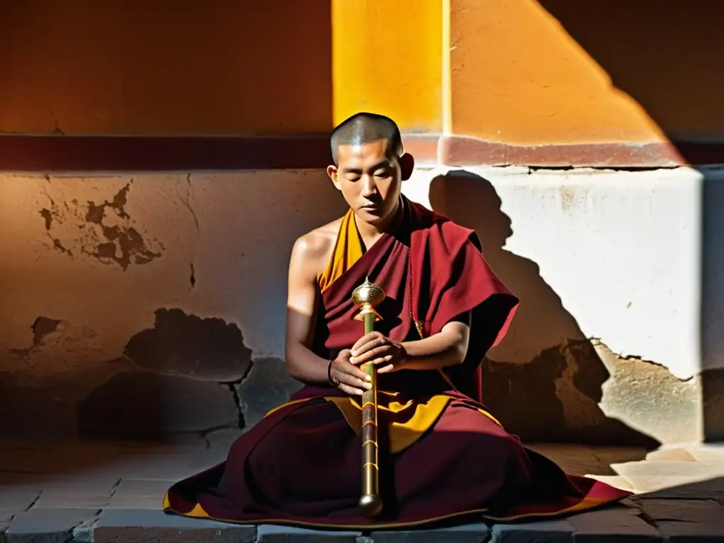 Un monje tibetano realiza un ritual con un Kangling, destacando la riqueza espiritual del budismo tibetano