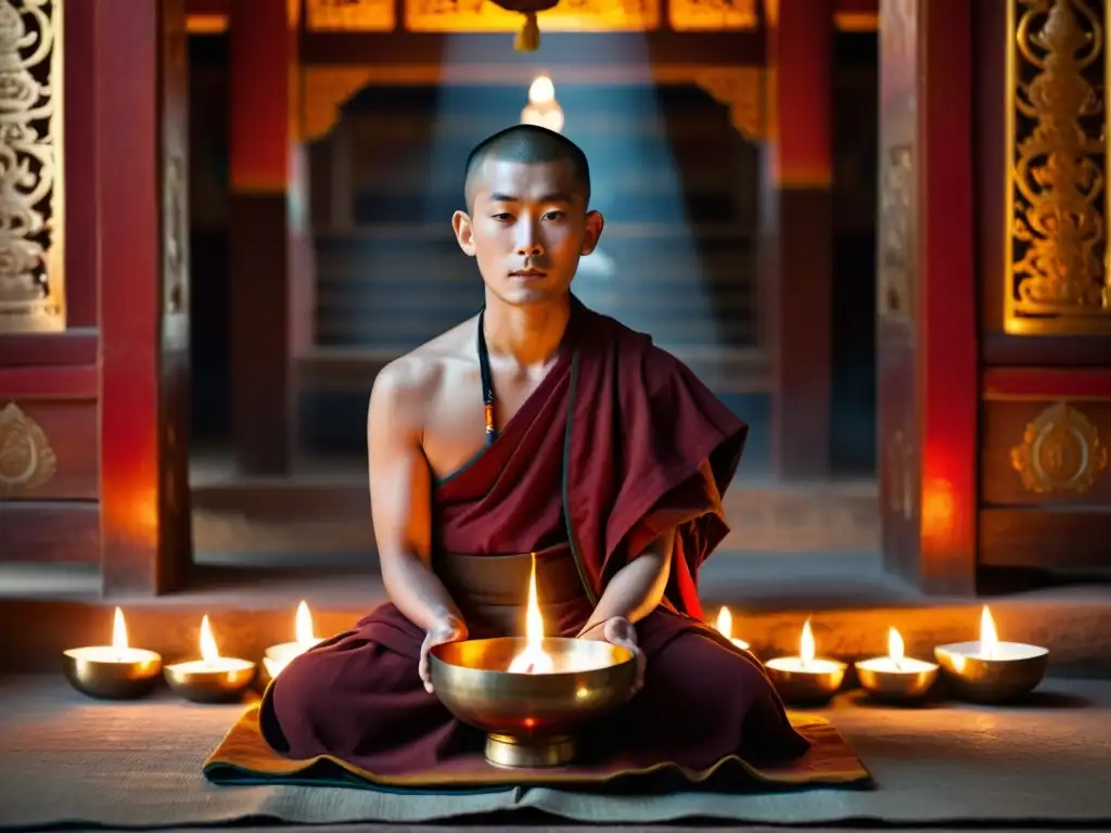 Monje tibetano en templo con cuenco tibetano sanación budismo, velas y reliquias antiguas en ambiente sereno y sagrado