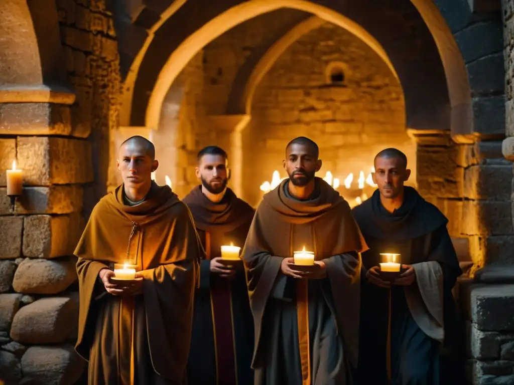 Monjes entonando cánticos gregorianos en un monasterio medieval iluminado por velas, evocando un acompañamiento instrumental canto gregoriano