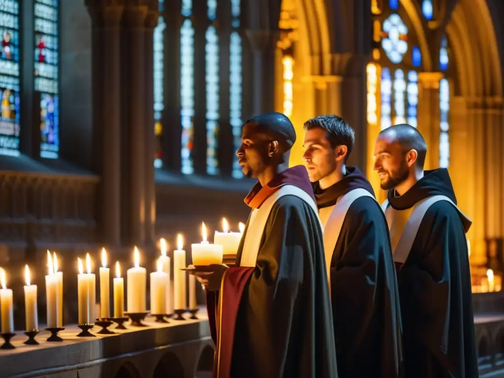 Monjes cantando canto gregoriano en catedral iluminada con acompañamiento instrumental, creando atmósfera reverente y atemporal