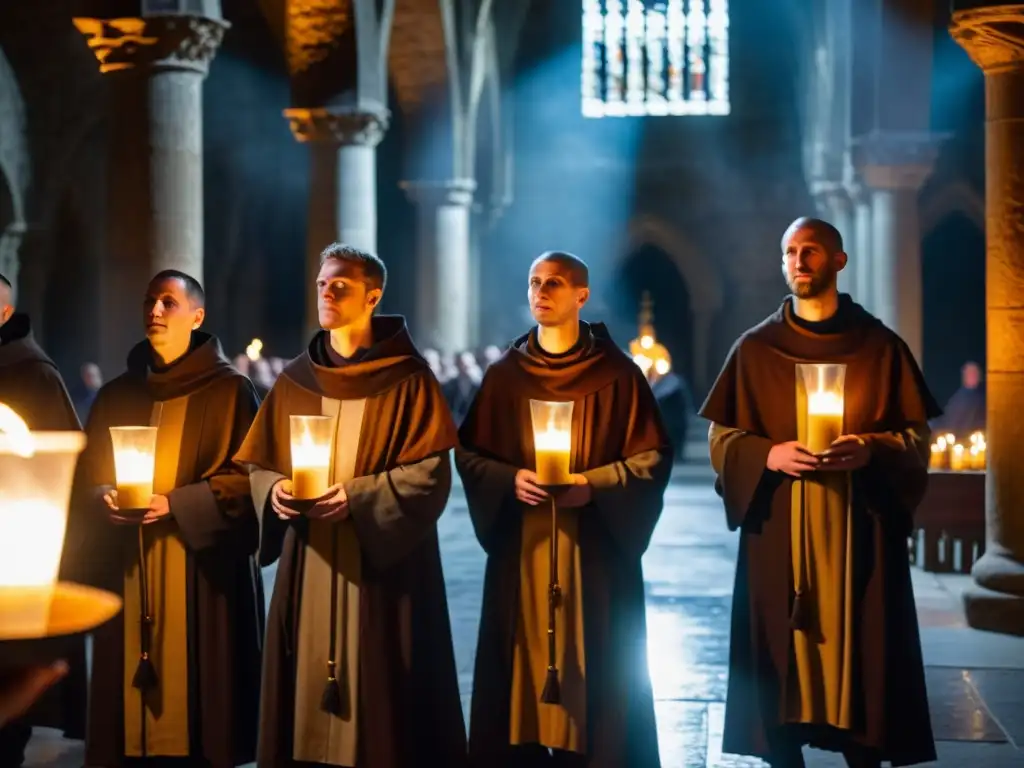 Monjes medievales entonando canto gregoriano, iluminados por velas en catedral de piedra con sutil acompañamiento instrumental