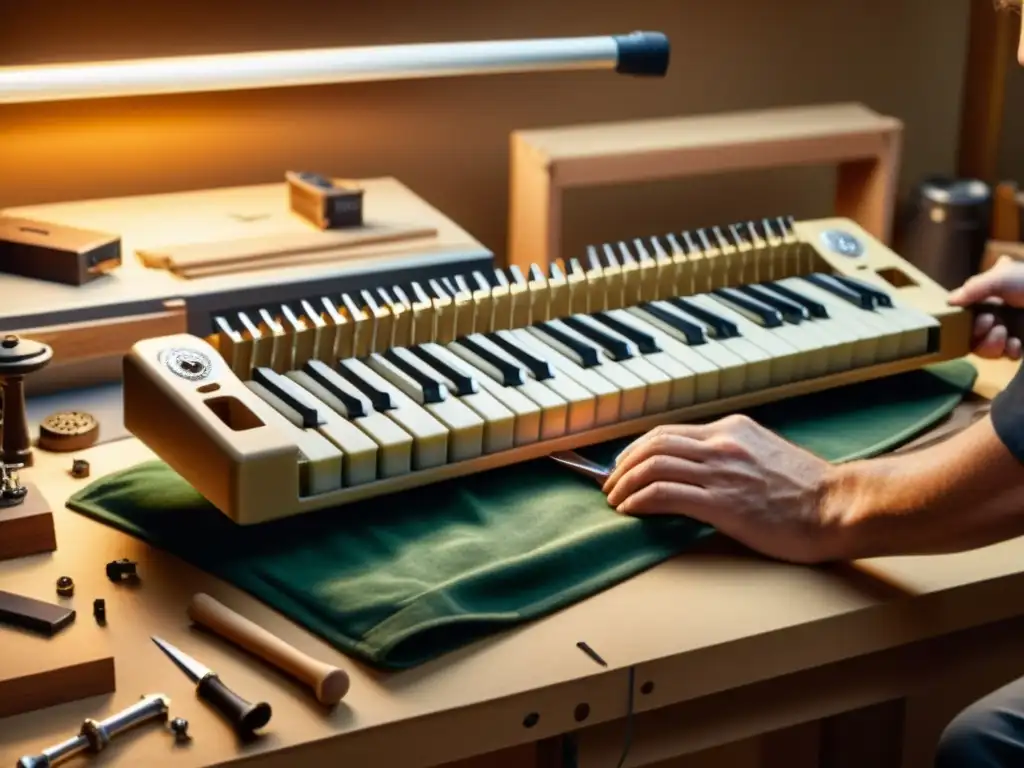 Hábil montaje artesanal de un keytar vintage en un taller, resaltando la historia y evolución del keytar