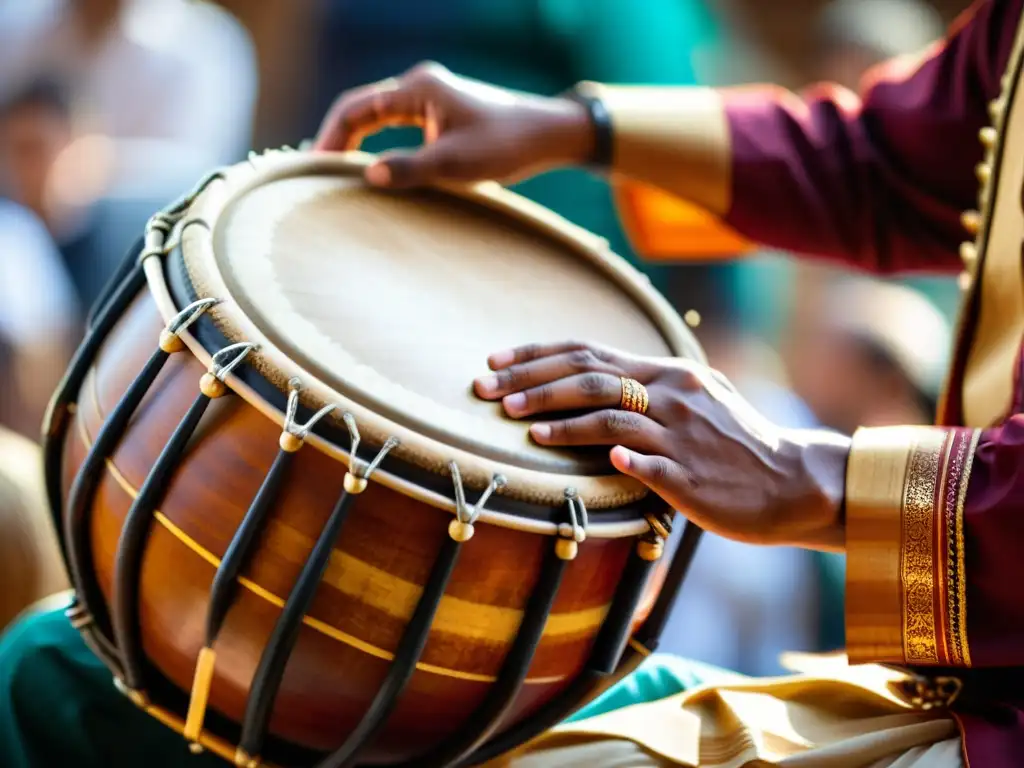 Un mridangam tradicional se toca durante una actuación de música clásica india, mostrando la historia y construcción del mridangam