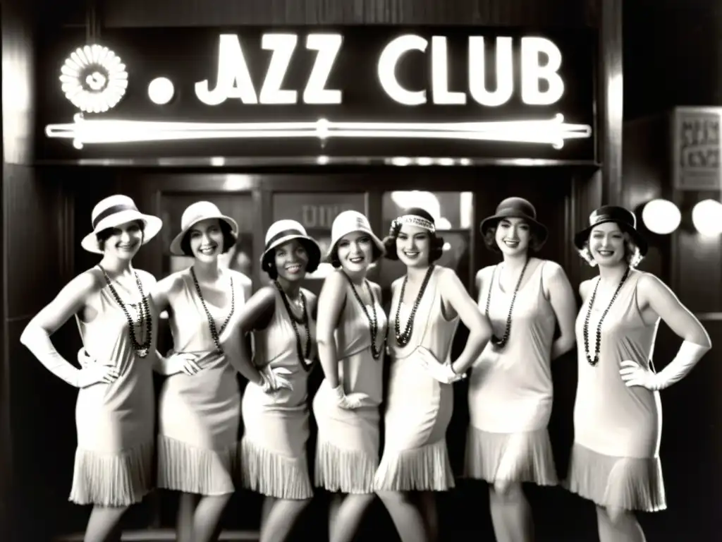 Mujeres pioneras del blues posan con actitud frente a un club de jazz en los años 20, desafiando normas sociales