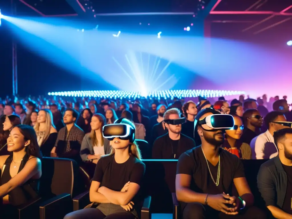 Multitud en concierto con auriculares de realidad virtual, inmersos en un mundo digital de luces y paisajes futuristas