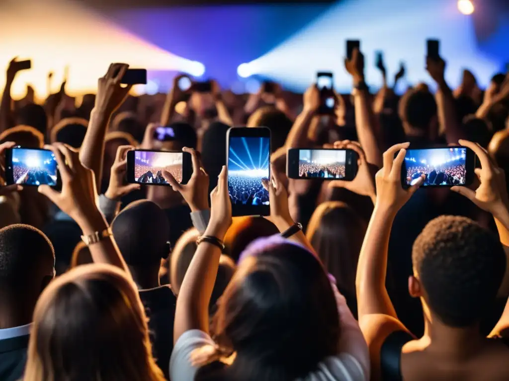 Multitud en concierto con teléfonos en alto, mostrando el impacto de los teléfonos inteligentes en la música en vivo