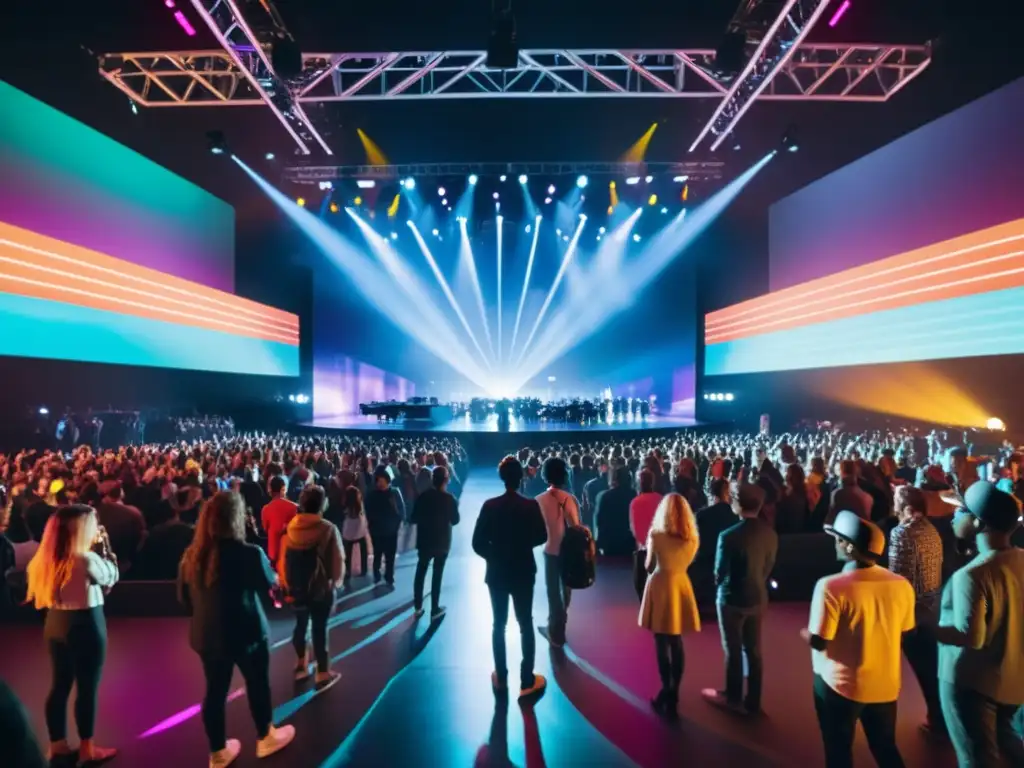 Multitud en concierto con visores de realidad aumentada, escenario holográfico y luces vibrantes, creando una experiencia inmersiva