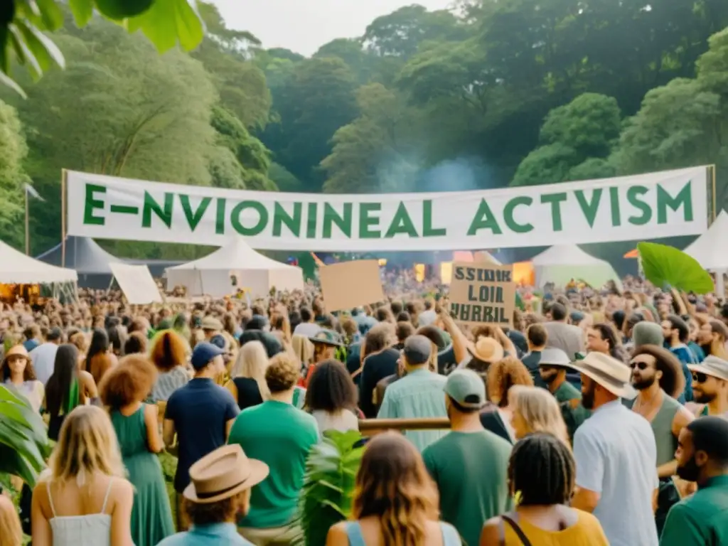 Una multitud diversa se reúne en un festival de música al aire libre con mensajes de activismo ambiental