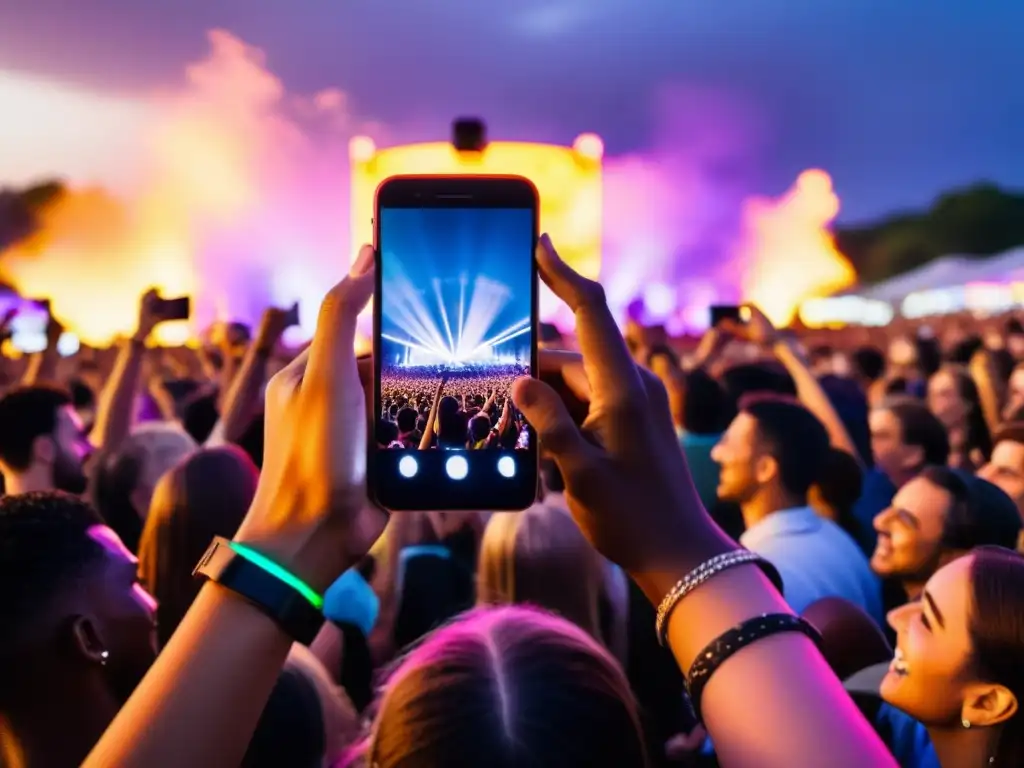 Multitud diversa en festival de música, capturando el show con sus teléfonos, reflejando el impacto de los teléfonos inteligentes en la música en vivo