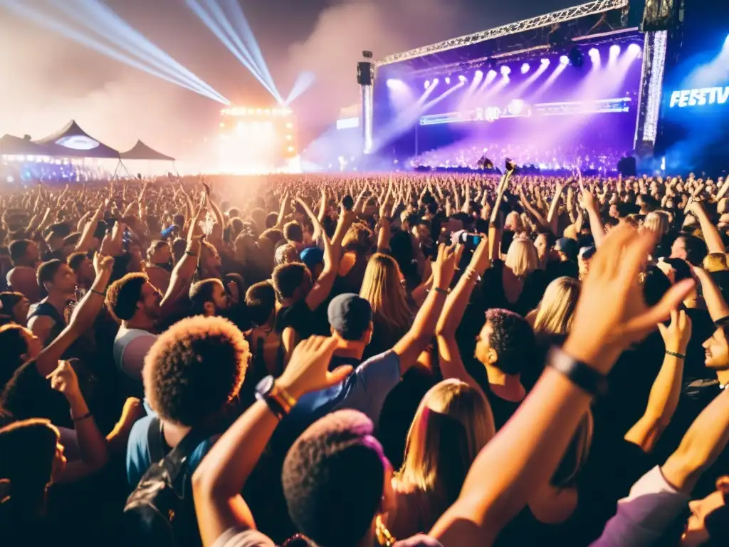 Multitud entregada disfrutando la intensidad sonora en la música en festival vibrante