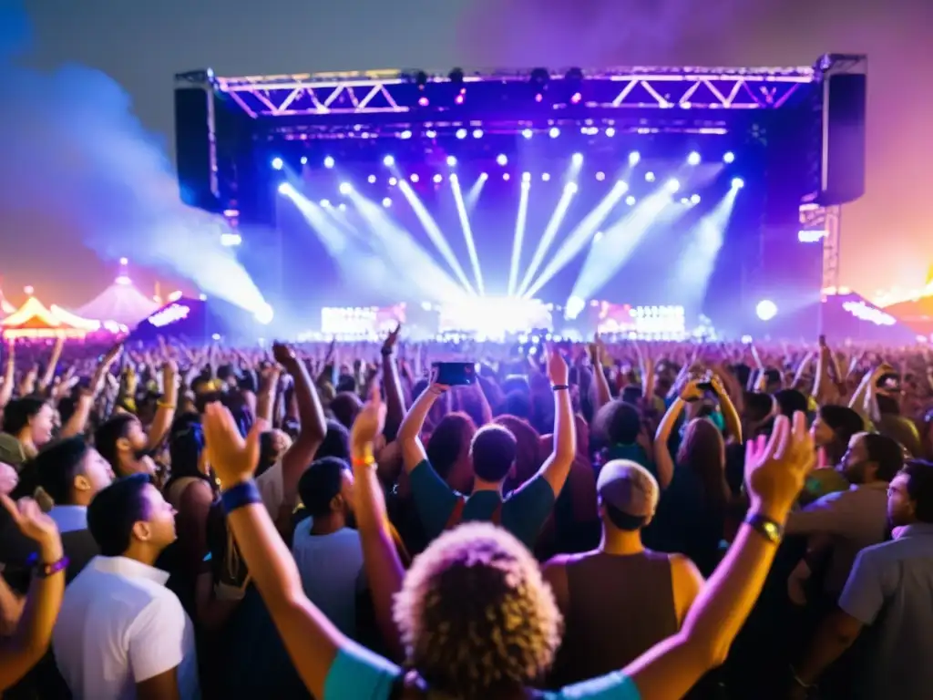 Multitud eufórica bailando en festival de música electrónica, con luces vibrantes y energía palpable