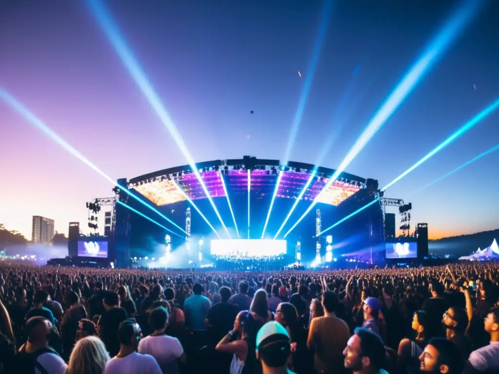 Multitud eufórica bailando bajo luces de escenario en festival de música electrónica, reflejando el impacto cultural de estos eventos