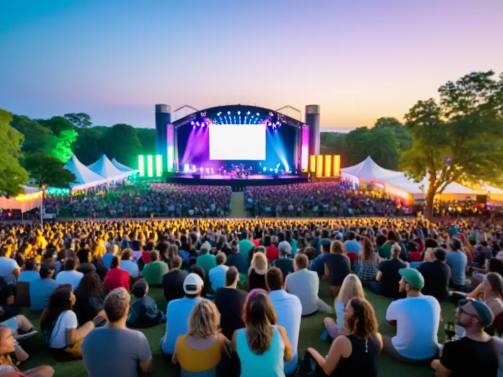 Multitud en festival de música al aire libre, escenario colorido rodeado de naturaleza