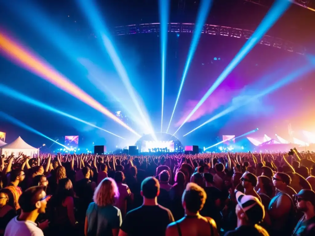 Una multitud bailando y disfrutando en un festival de música, con luces coloridas iluminando el escenario y el área circundante