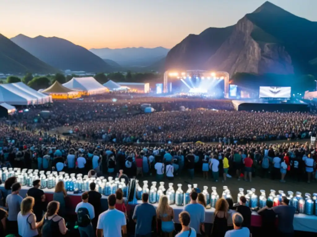 Multitud en festival musical rodeada de desechos plásticos y emisiones de camiones, mostrando el impacto ambiental industria musical