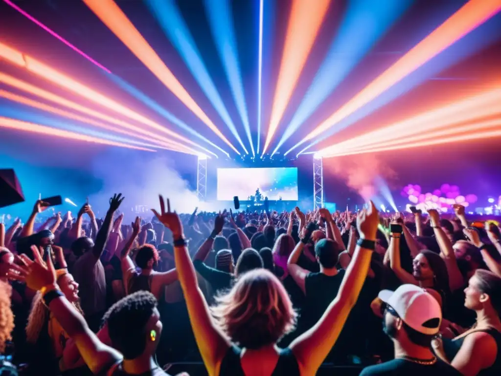 Multitud bailando bajo luces de DJ en festival de música electrónica, impacto cultura popular