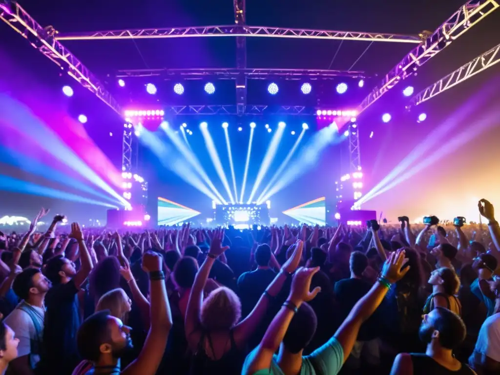 Multitud bailando bajo luces de escenario en festival de música electrónica, reflejando el impacto cultural de estos eventos