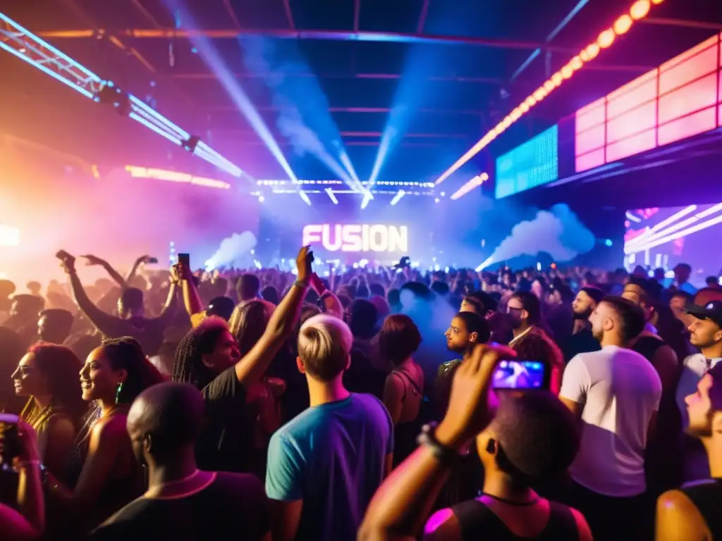 Multitud bailando bajo luces neón en festival de música electrónica, con DJ en escenario rodeado de humo y luces