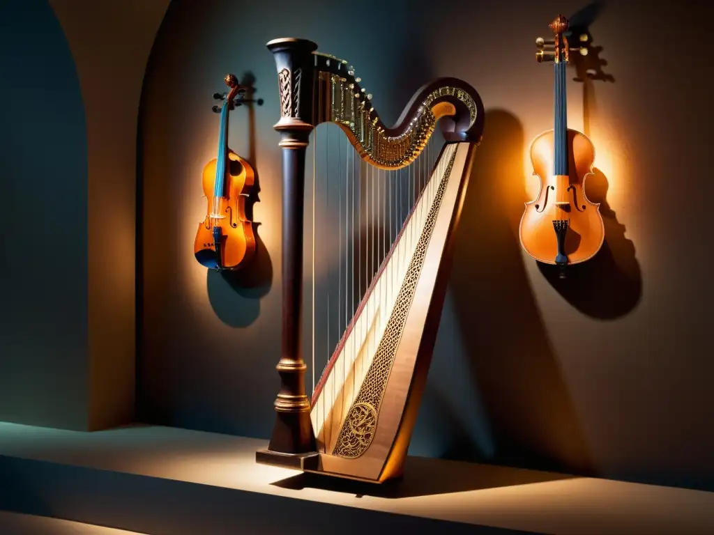 Museo virtual de instrumentos musicales antiguos en atmósfera cálida y misteriosa