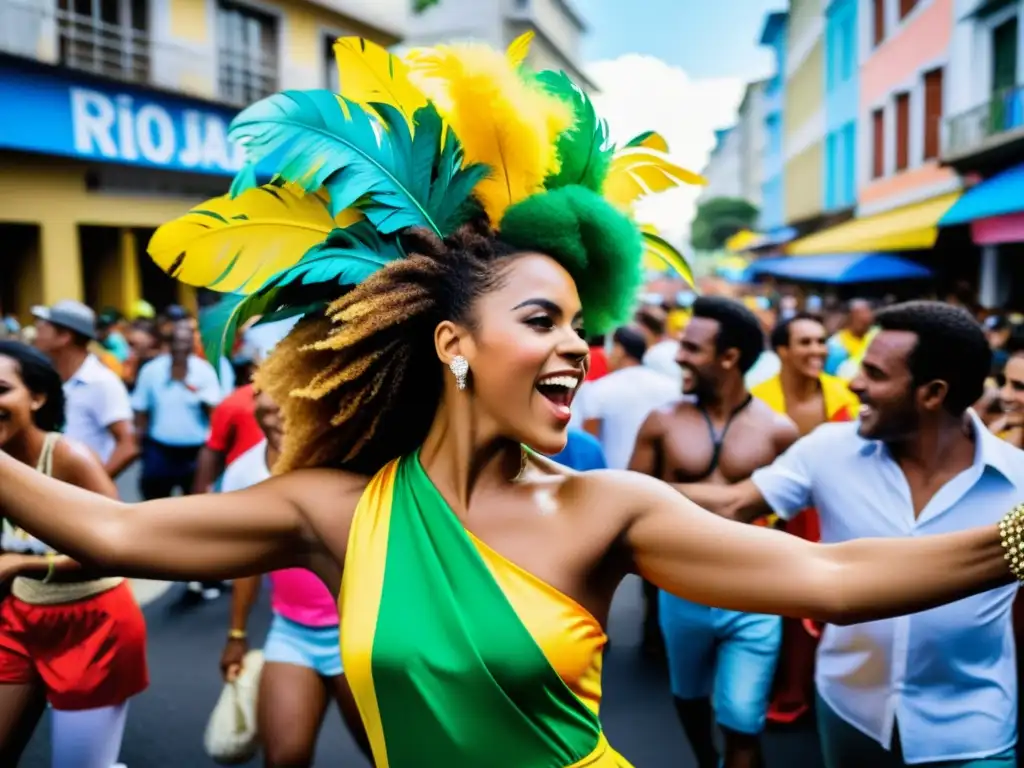 Carnaval en Río: Explosión de energía y color Propagación de la música brasileña migración: Multitud animada en el carnaval de Río de Janeiro, con coloridos trajes y bailes energéticos
