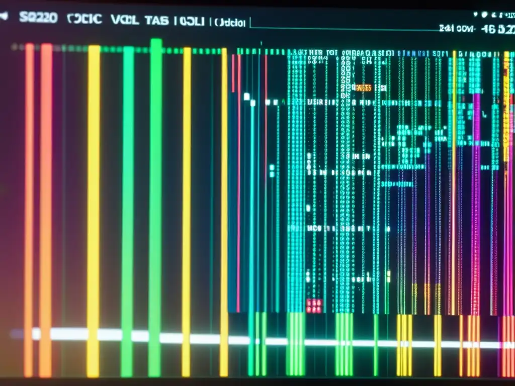 Composición musical algorítmica: pantalla de ordenador con código y visualizaciones de música sobre imagen borrosa de músico