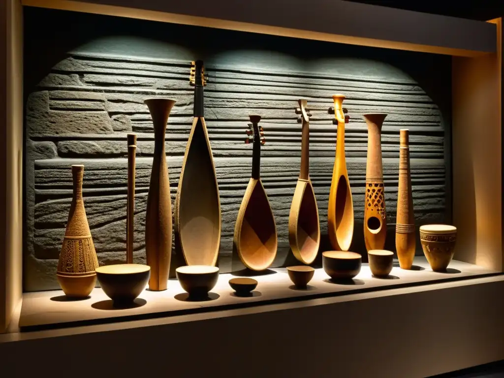 Innovación musical a través de los milenios: Detalle de antiguos instrumentos musicales de piedra en una exhibición de museo con luz tenue